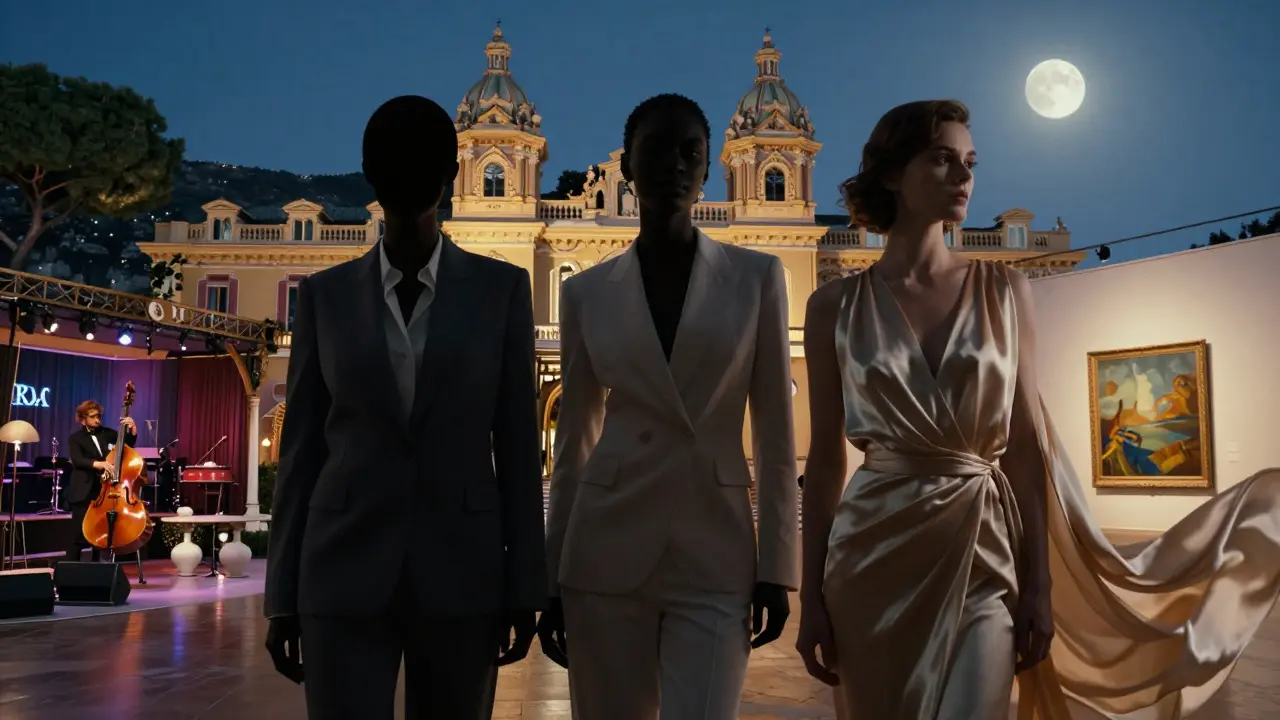 Three elegant women represent different escort styles, each framed by iconic Monte Carlo settings under moonlight.
