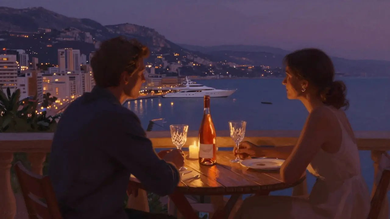 Two silhouettes enjoying a private wine tasting on a terrace overlooking Monte Carlo at dusk.