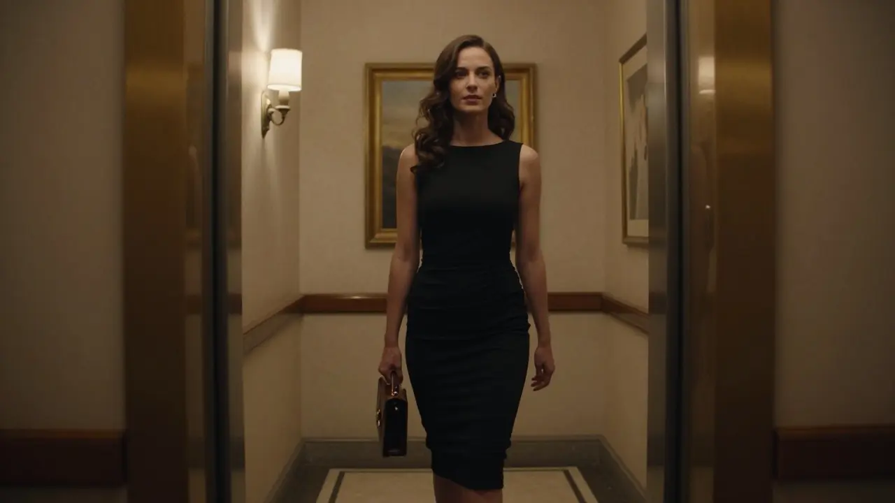 A confident woman walking down a luxurious hotel corridor in Monaco, her reflection visible in a brass elevator door, soft lighting casting elegant shadows.