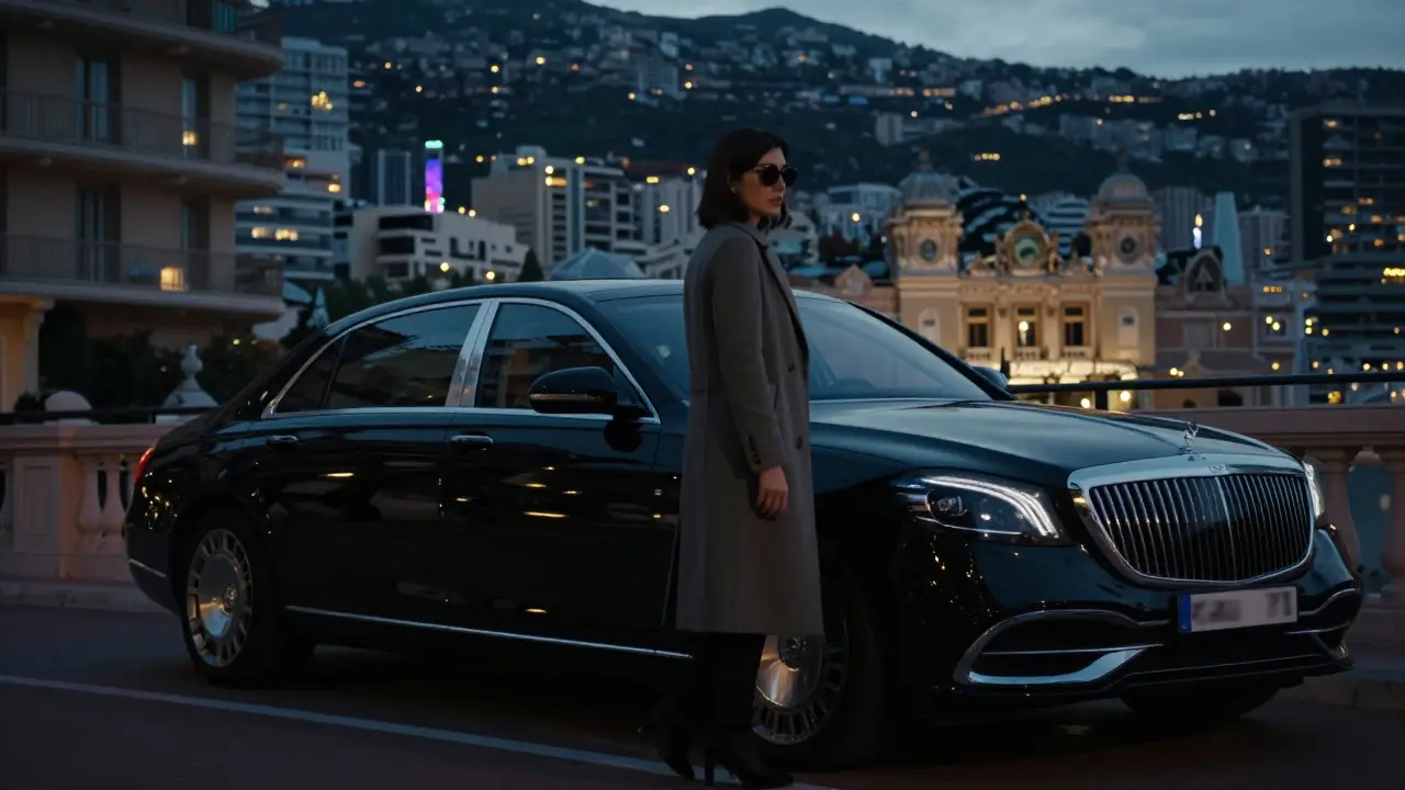 A discreet luxury car parked outside a private Monaco apartment, conveying anonymity and refined privacy.