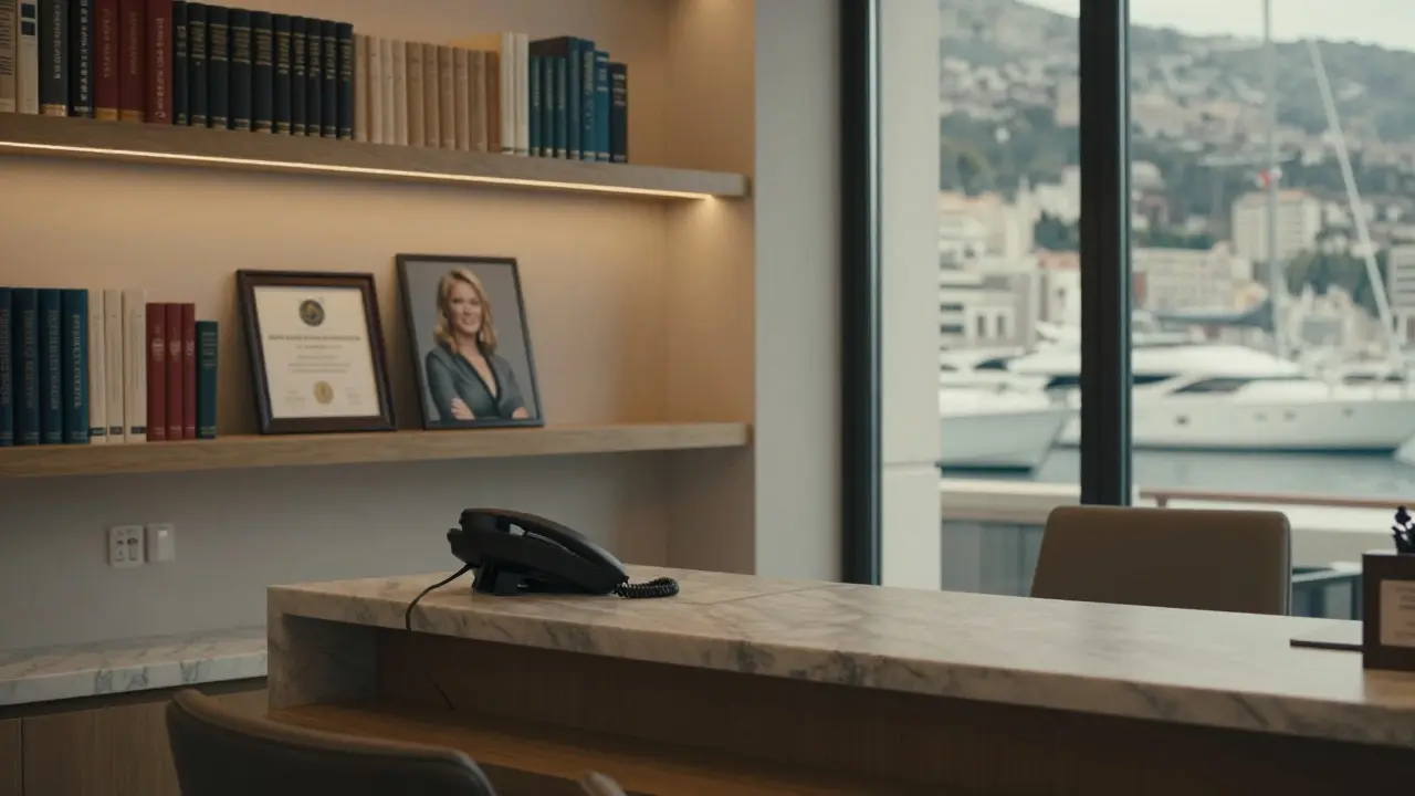 A luxury escort agency lounge in Monaco with professional decor, books, and a single framed photo, hinting at discretion and refinement.