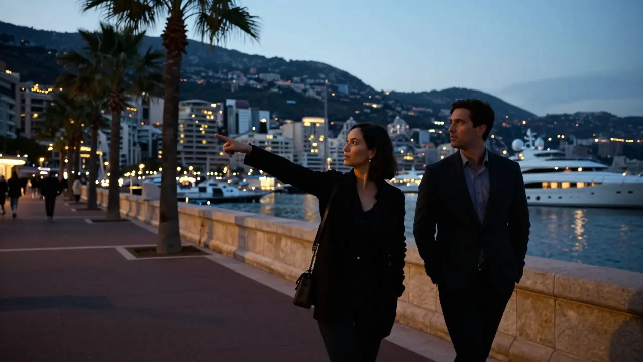 A man and woman walking along Port Hercules at dusk, pointing toward a luxury yacht.