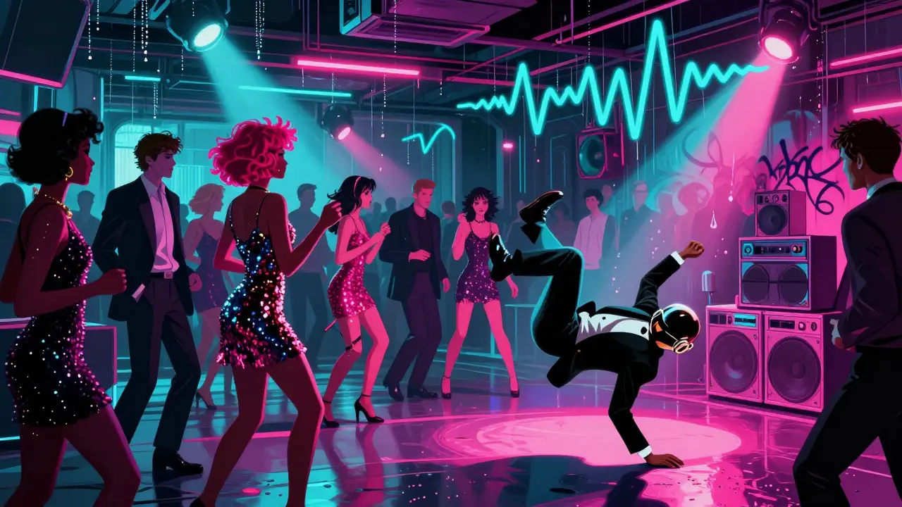 A neon-lit underground party with dancers in elegant attire moving to music in a hidden Monte Carlo venue.