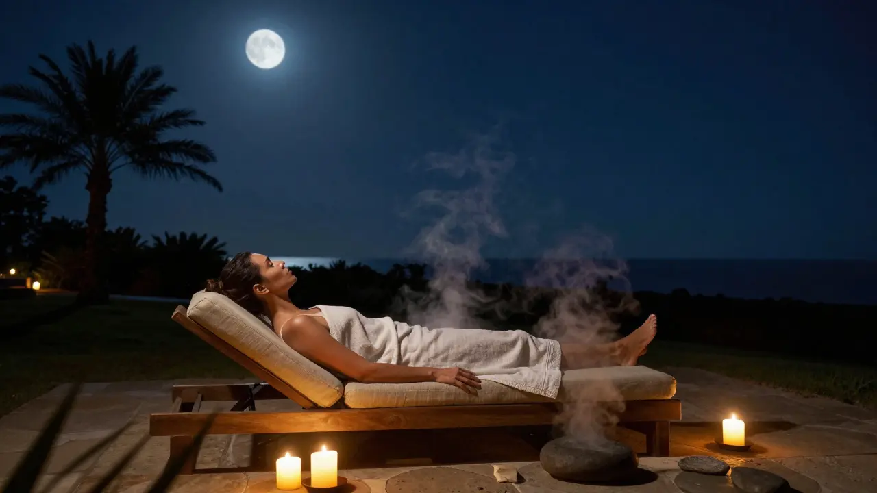 A person relaxing in a stargazing spa session under lanterns and moonlight, with the sea softly glowing in the distance.