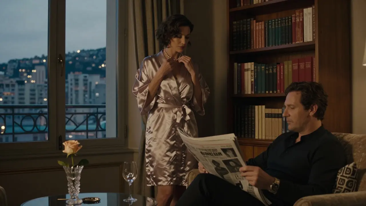 A poised woman adjusting her necklace in a Monaco apartment, surrounded by books and soft twilight light.