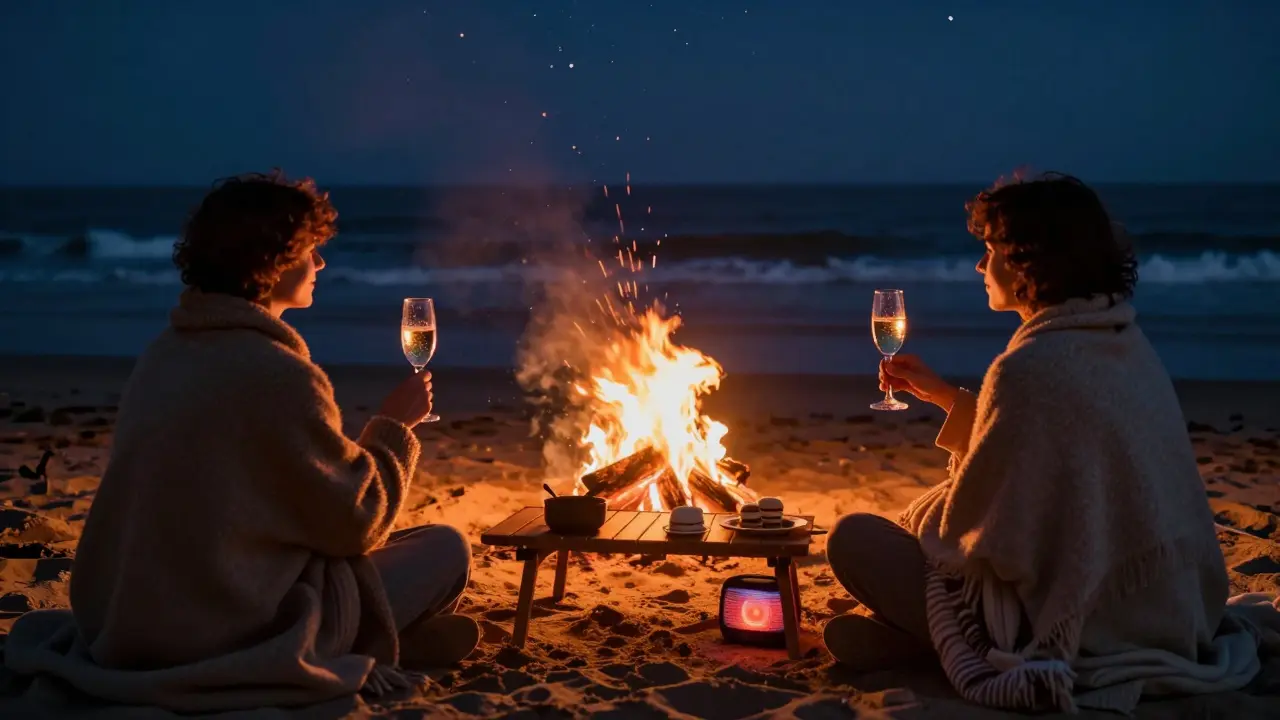 A private beach bonfire with two people under blankets, sipping wine as stars twinkle above the calm ocean.