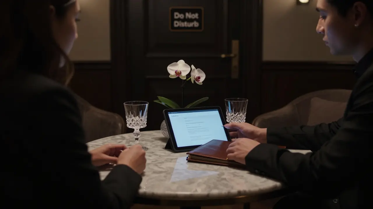 A private meeting in a luxury hotel lounge, two figures engaged in discreet conversation, emphasizing confidentiality and sophistication.