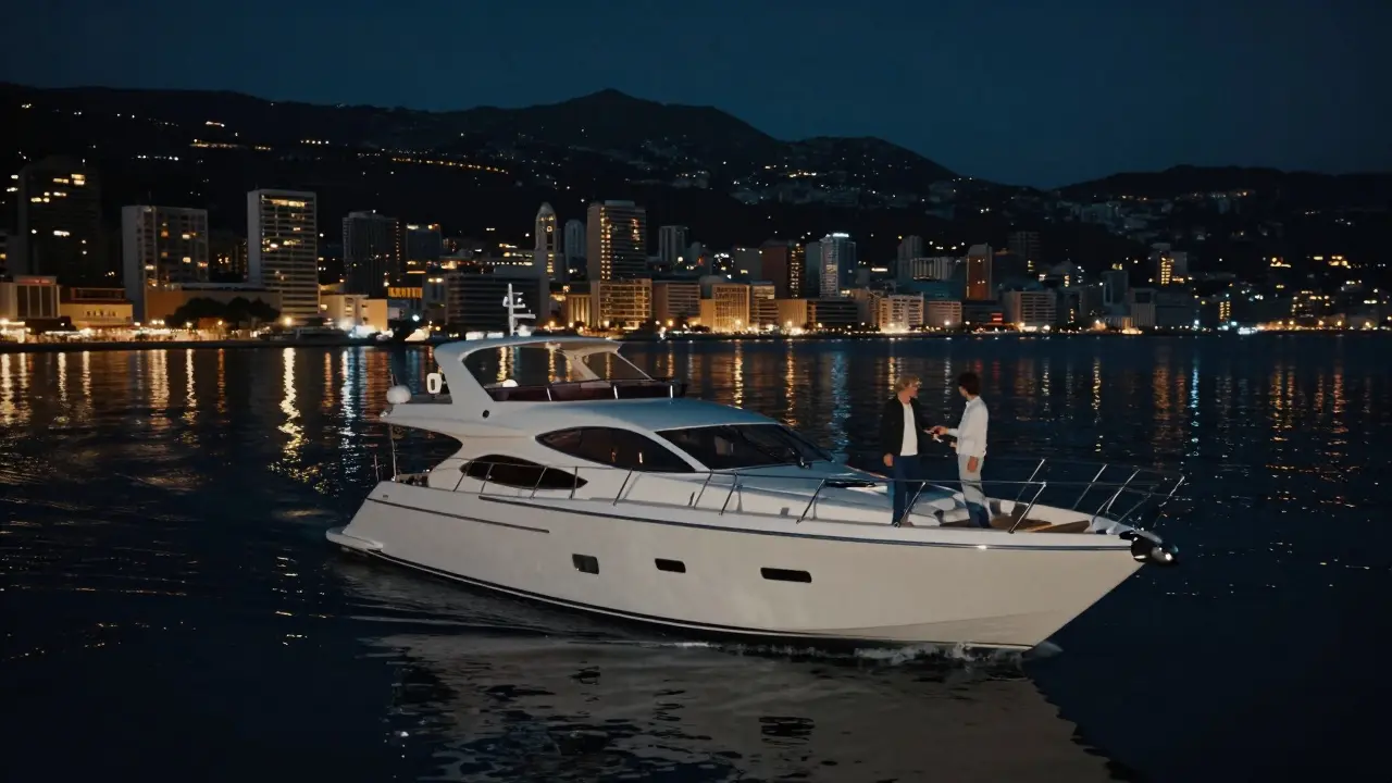 A private yacht drifts under a starry sky, two figures sharing a drink at the stern as Monaco's lights twinkle in the distance.