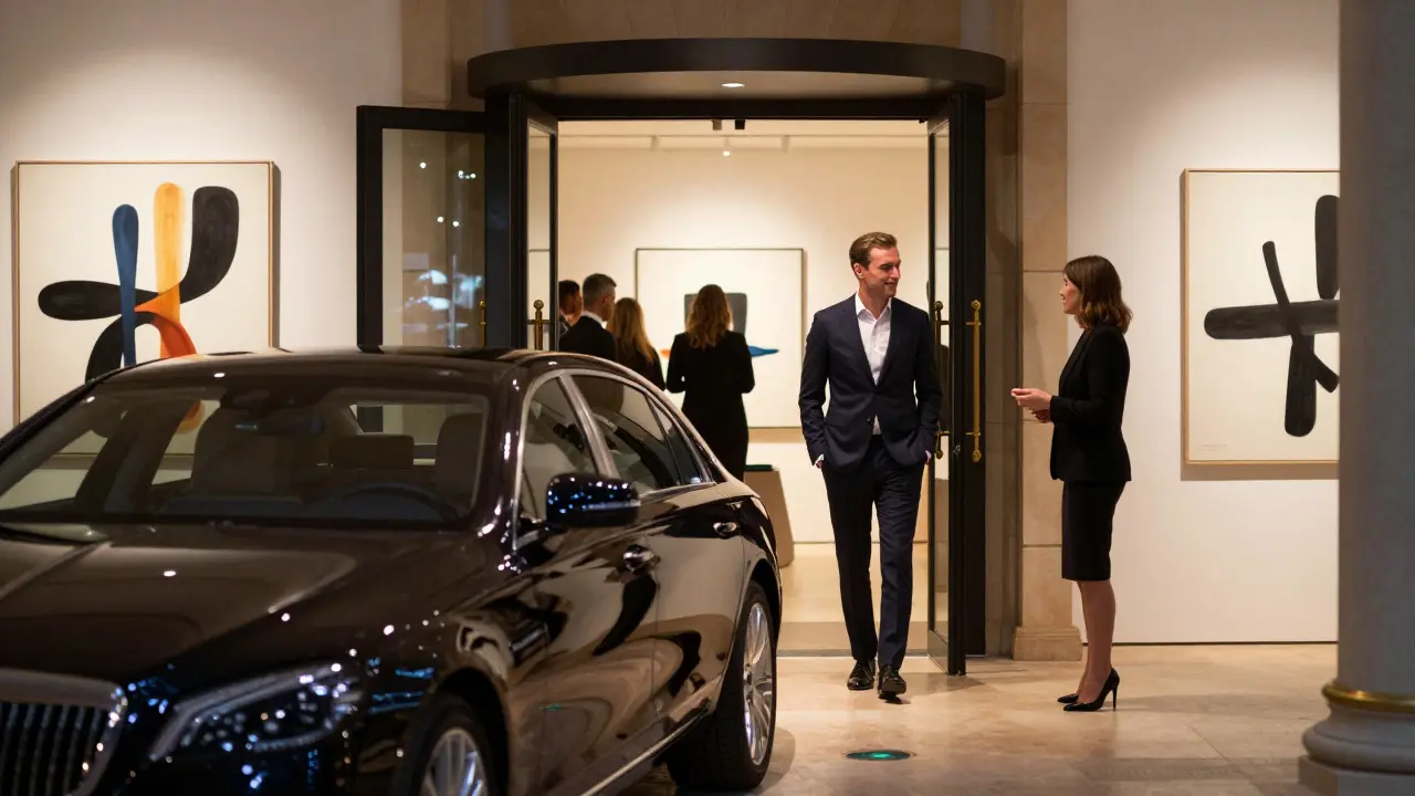A professional companion greeting a client at a luxury art gallery opening in Monte Carlo, both dressed elegantly.