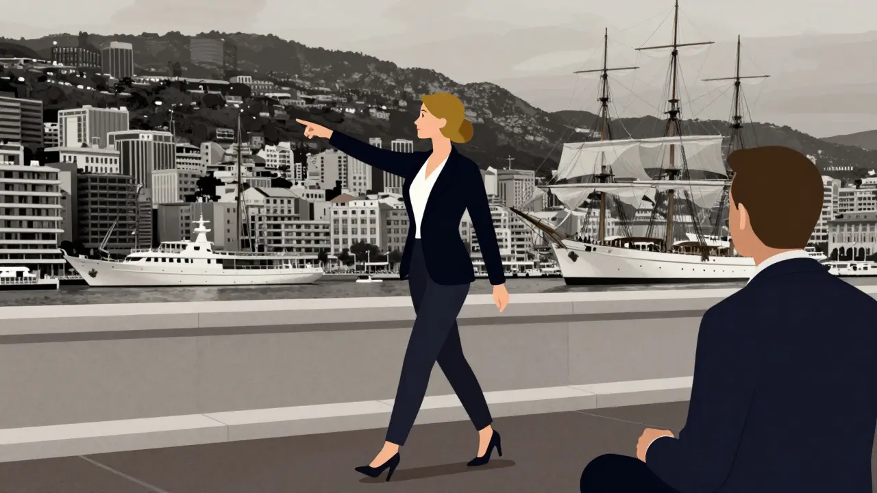 A sophisticated companion points to a historic yacht at Port Hercules as a client listens, under a twilight Monaco sky.