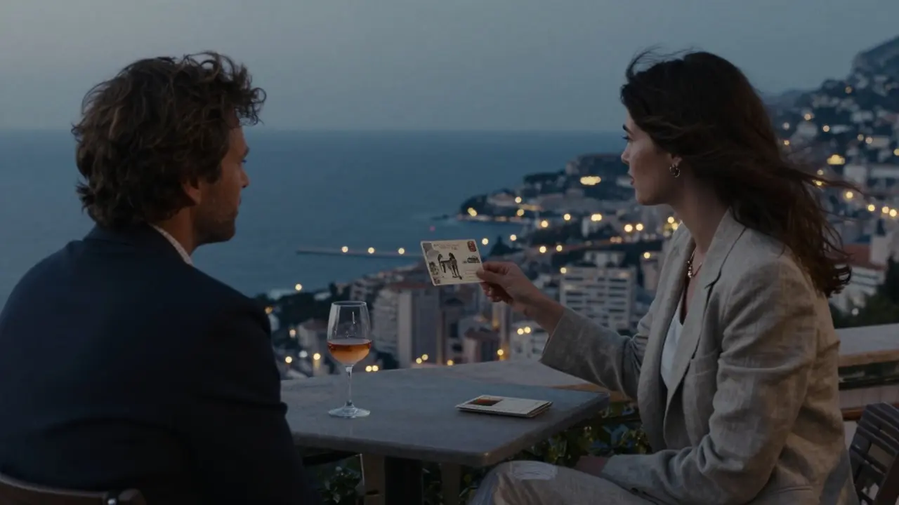 A sophisticated woman offers a vintage postcard to a man on a cliffside terrace in Saint-Jean-Cap-Ferrat at twilight.
