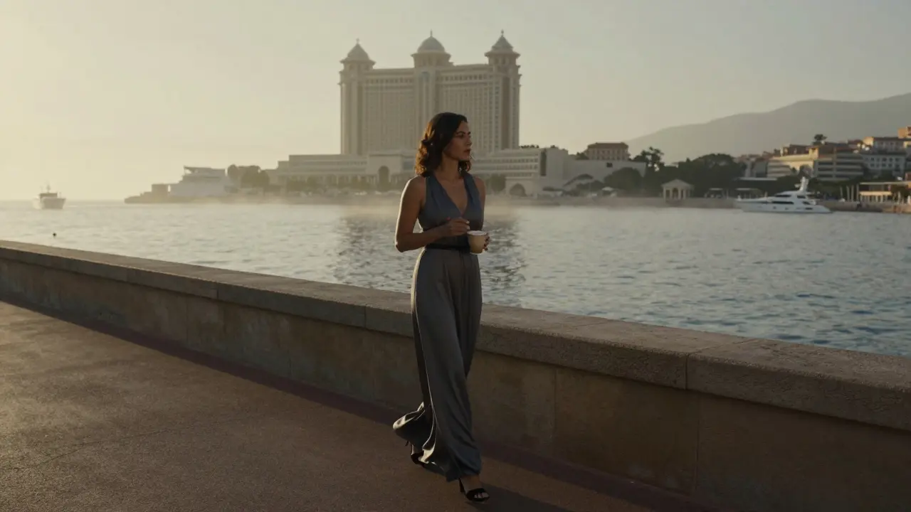 A woman walking alone at dawn along Monte Carlo's seawall, holding coffee, with yachts and hotel silhouettes in the distance.