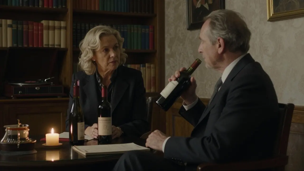 An elegant woman listens intently beside a man in a candlelit library, sharing quiet wine in a private villa.