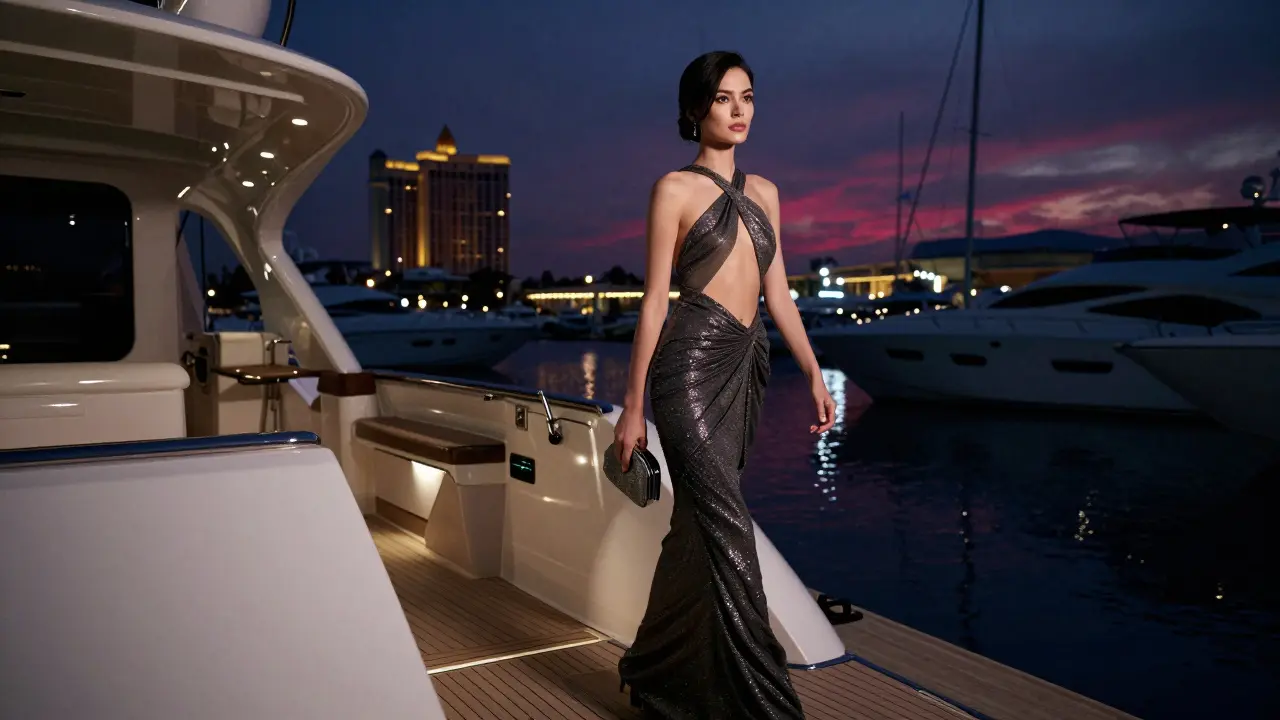 An elegant woman steps off a private yacht at Port Hercules at twilight, surrounded by luxury yachts and city lights.