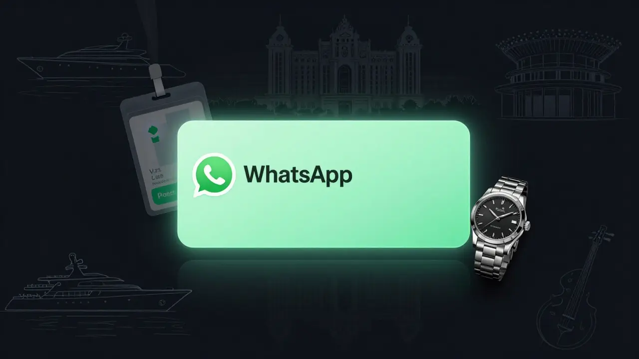 An encrypted WhatsApp message glowing beside a verified ID and luxury watch, symbolizing discreet elite companionship in Monaco.