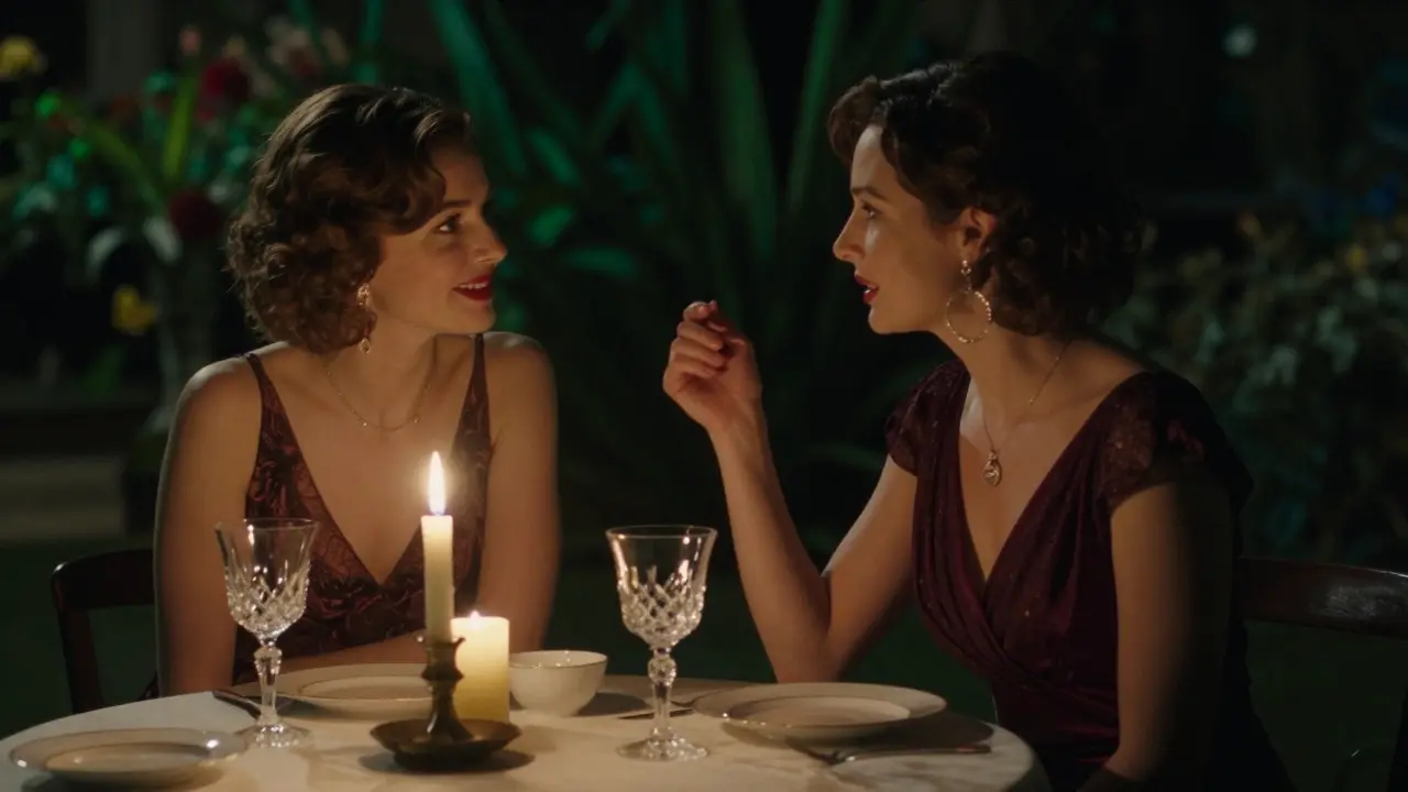 An intimate dinner at Le Jardin d'Esterel with candlelight, fine dining, and two people engaged in quiet conversation.