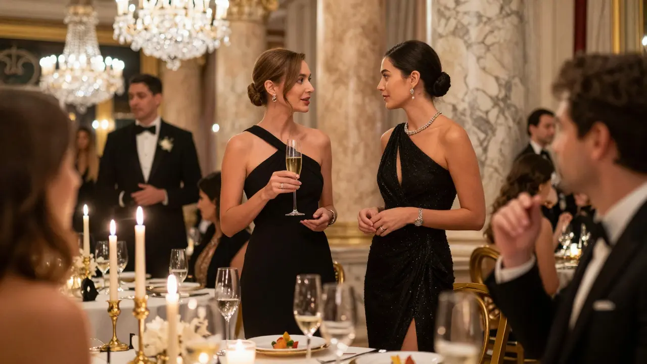 Elegant companion at Monte Carlo casino gala conversing with guests.