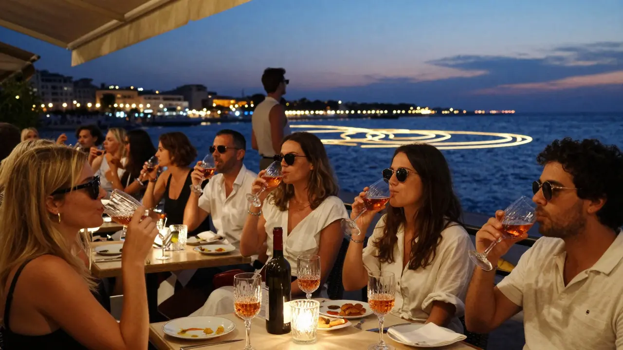 Evening terrace at Café de Paris with guests wearing sunglasses at night, sipping drinks overlooking the harbor.
