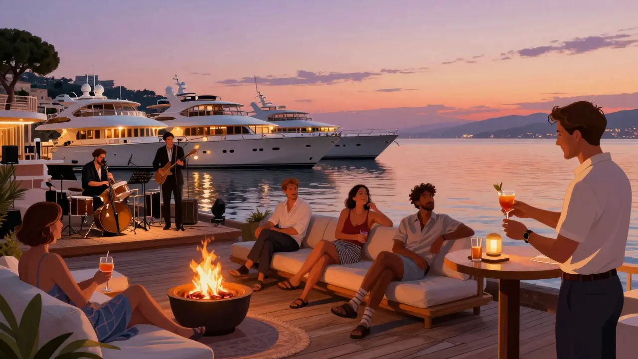 Live jazz music on the pier at Yacht Club Monaco during summer nights, guests relaxing by fire pits.