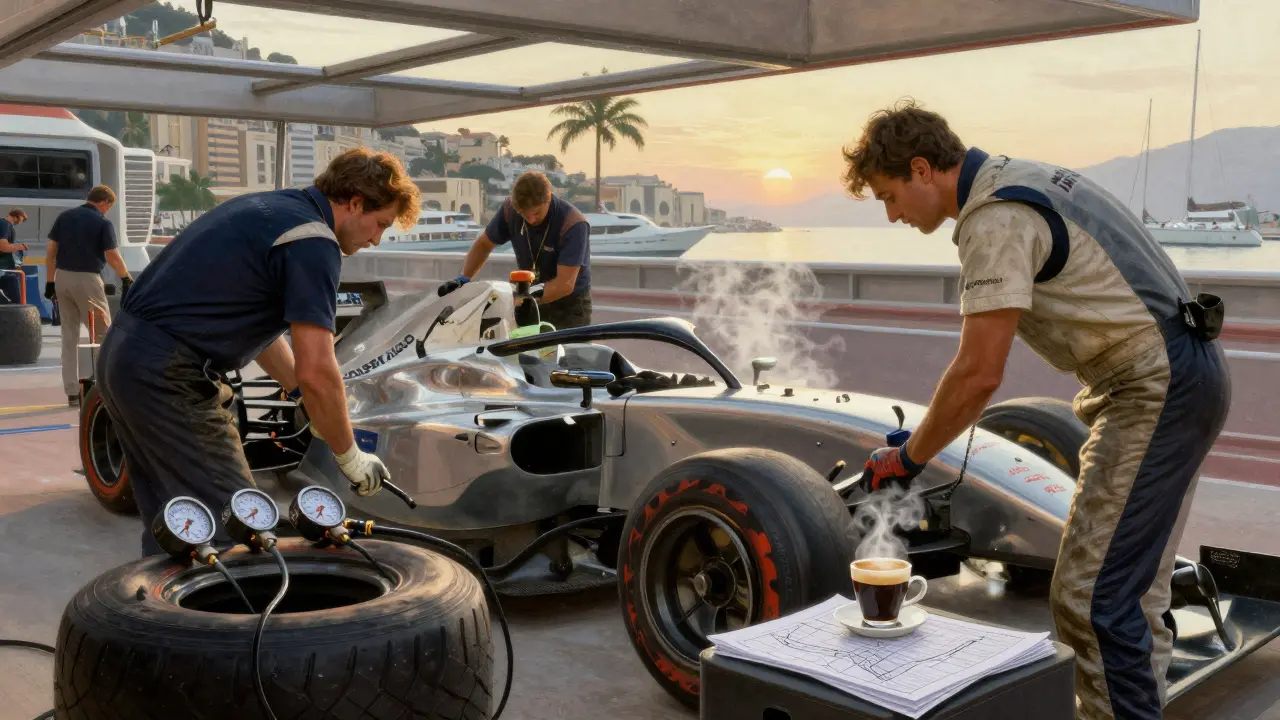 Mechanics work on a race car in the Monaco paddock at dawn, tools and espresso cup nearby, yachts visible in the background.