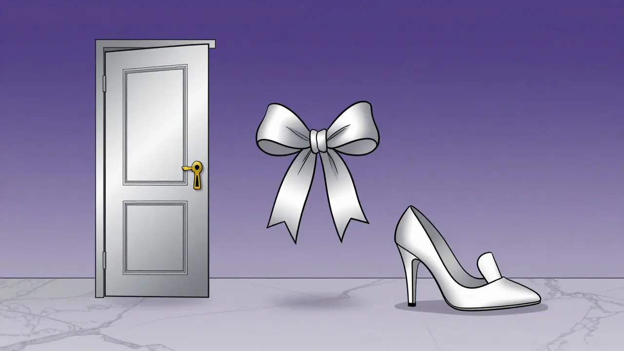 Minimalist symbols of discretion: closed door with keyhole, silk bow, and paired shoes on marble floor.