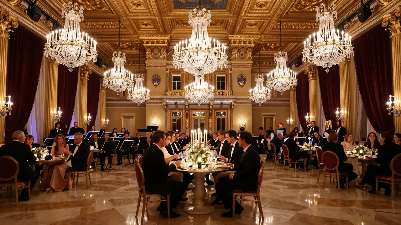 Opulent Casino de Monte-Carlo interior with guests in elegant attire at a dinner table during a live performance.