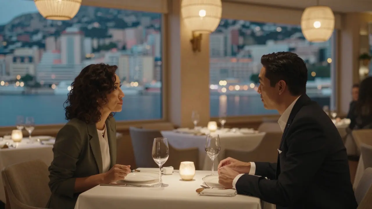 Professional companion and client dining at upscale Monaco restaurant