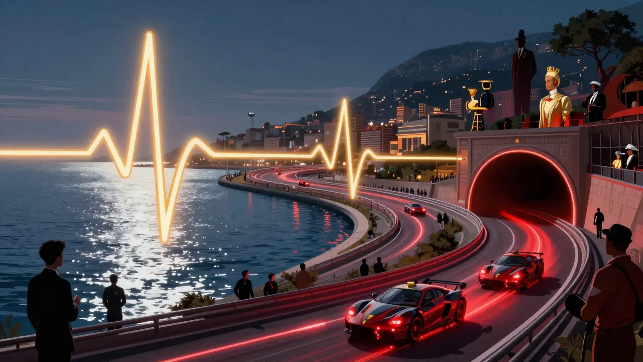 The Monaco Circuit as a glowing heartbeat with cars as pulsing dots, surrounded by silhouettes of spectators and shimmering harbor.