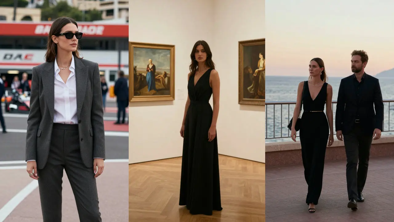 Three different escort profiles shown in elegant settings: Grand Prix, art gallery, and museum terrace.