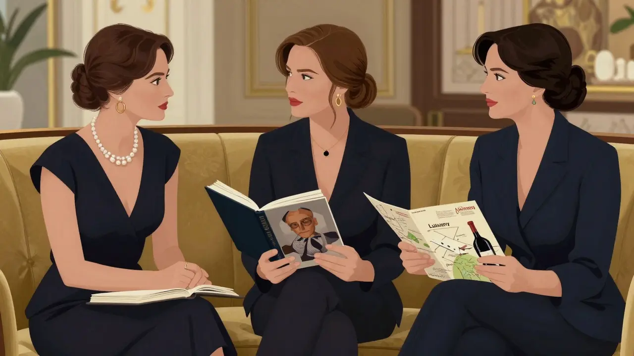 Three elegant female profiles representing socialite, intellectual, and luxury curator companions in a high-end lounge.