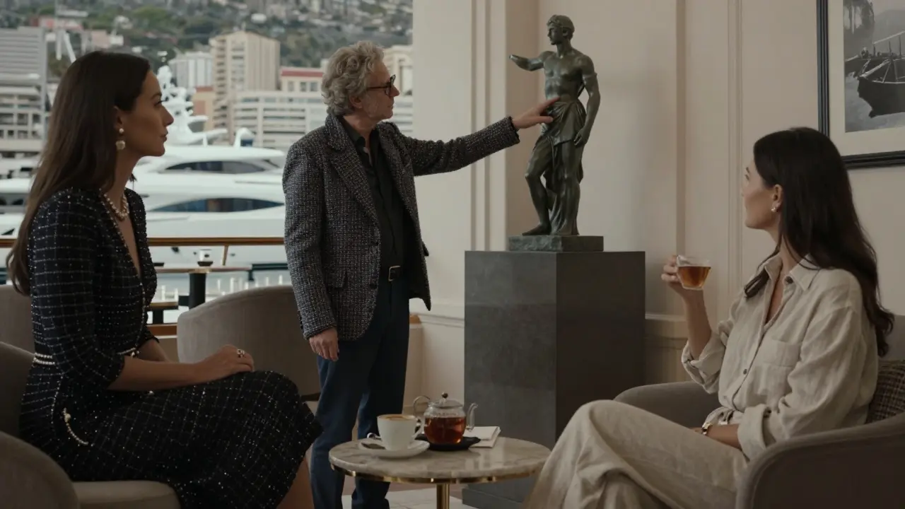 Three elite companions in Monaco: at a yacht club, a museum, and a hotel lounge, each embodying different styles of refined companionship.