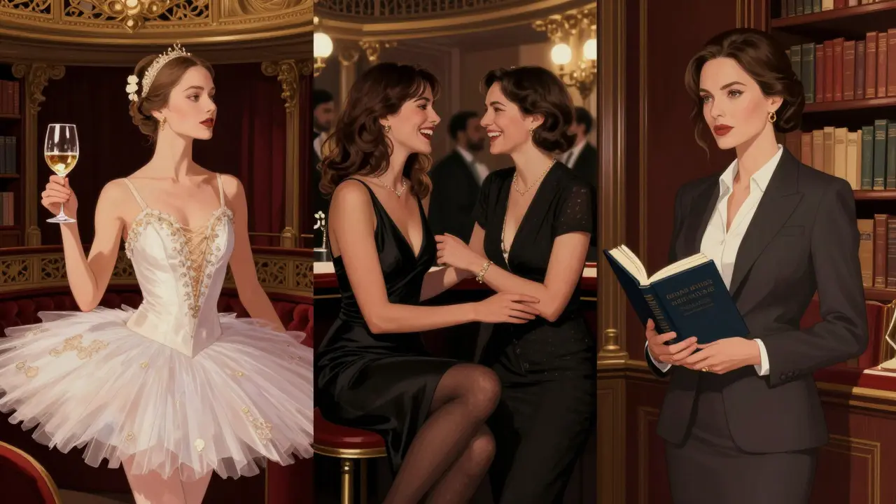 Three sophisticated women in Monaco, each embodying a different type of companion: opera goer, Formula 1 date, and intellectual.