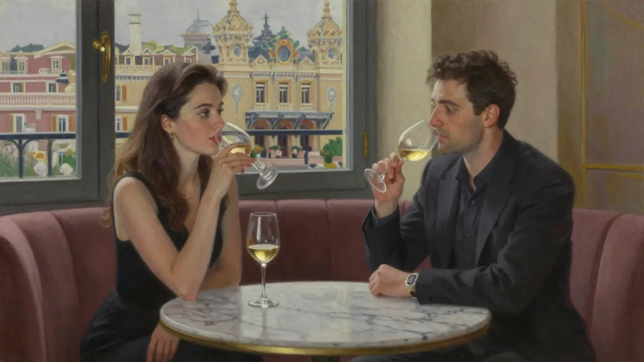 Two elegant individuals share a quiet moment in a luxurious Monaco lounge, soft lighting highlighting their refined attire.