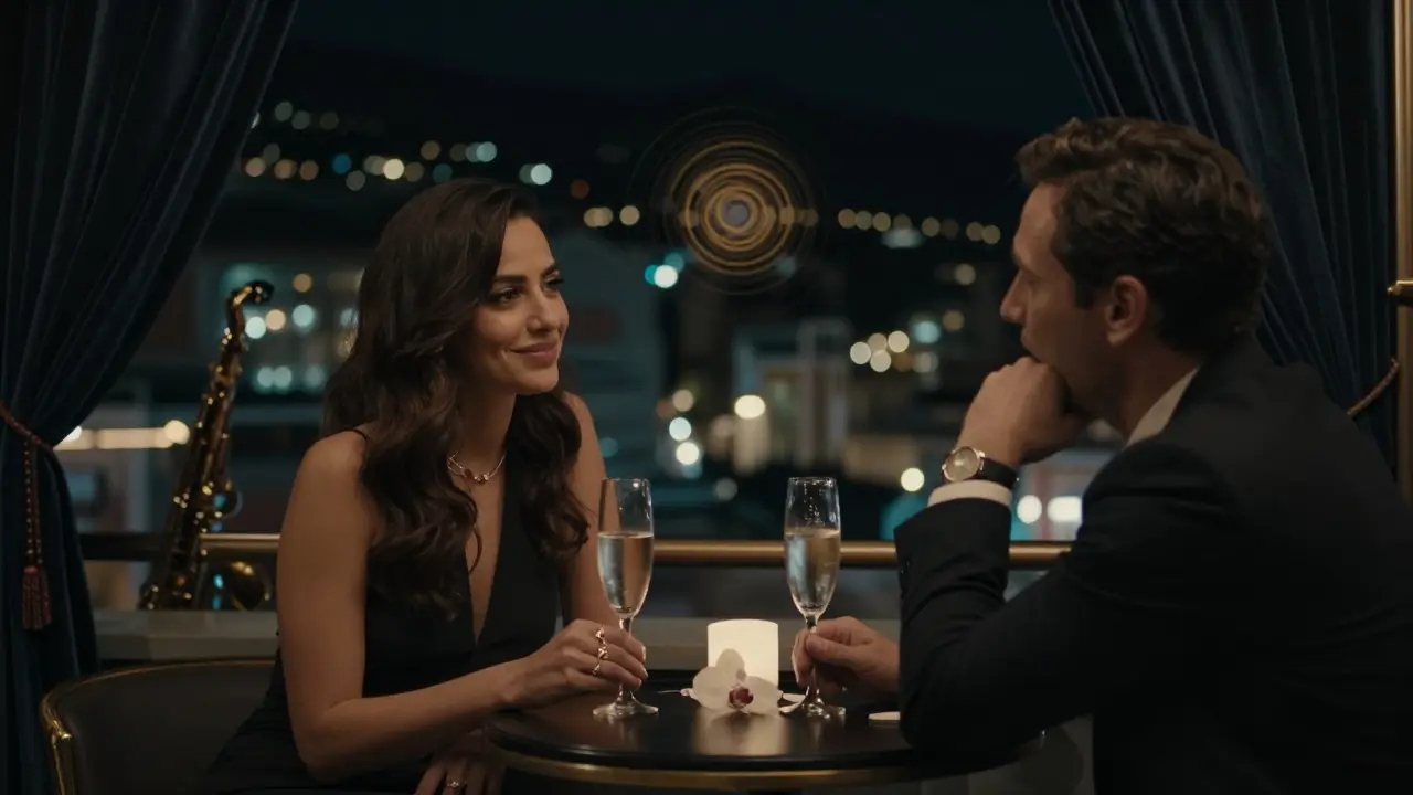 Two people sharing champagne on a Monaco rooftop at night, city lights blurred behind them.