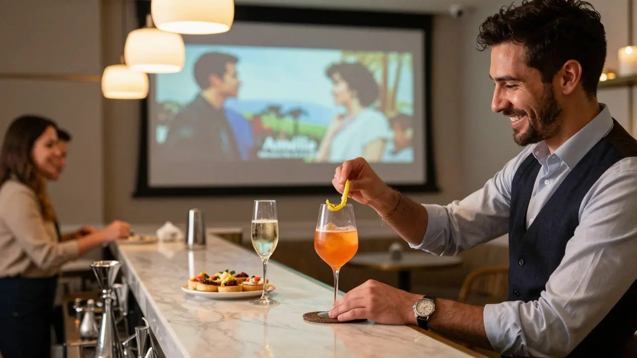 A bartender mixing a vibrant cocktail at a stylish bar while a retro film plays softly in the background.