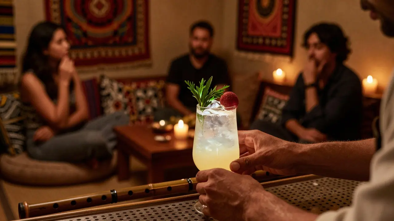 A bartender preparing an artisanal cocktail with fresh herbs under soft ambient lighting.