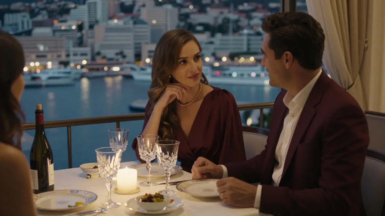 A couple enjoying a quiet candlelit dinner overlooking Port Hercules in Monaco.