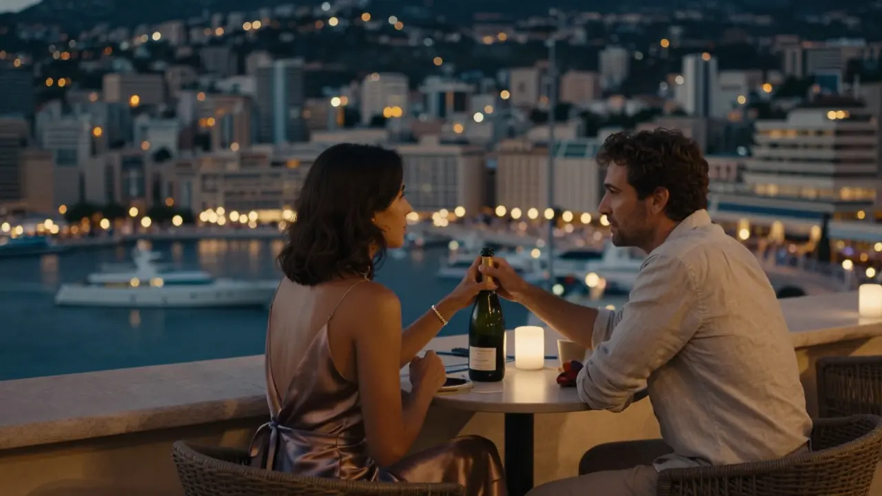 A couple enjoying champagne at a rooftop bar in Monaco at dusk, engaged in calm, intimate conversation.