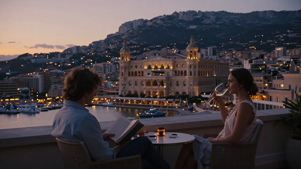 A couple in quiet silence on a Monaco rooftop terrace at sunset, overlooking the harbor.
