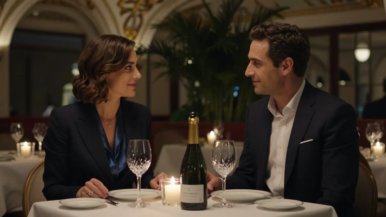 A couple sharing an intimate dinner at a luxurious Monaco restaurant with candlelight.