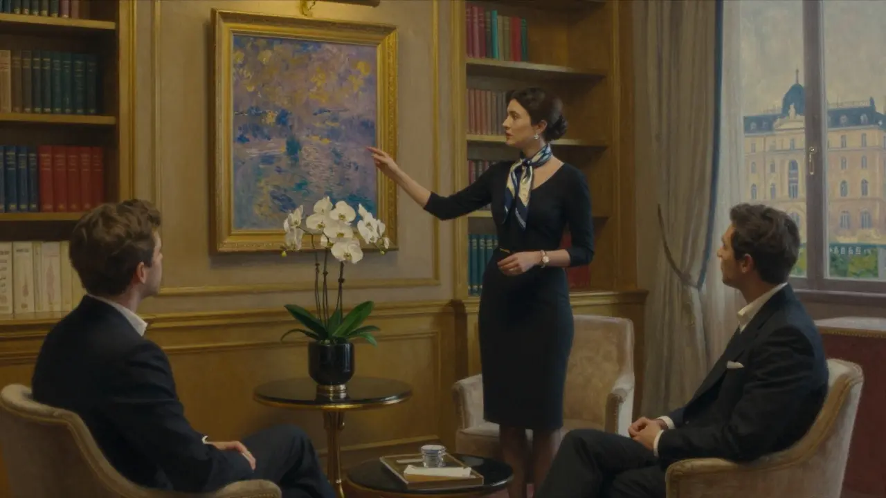 A cultured companion pointing to an art print in a luxurious Monaco lounge, books and orchids nearby.