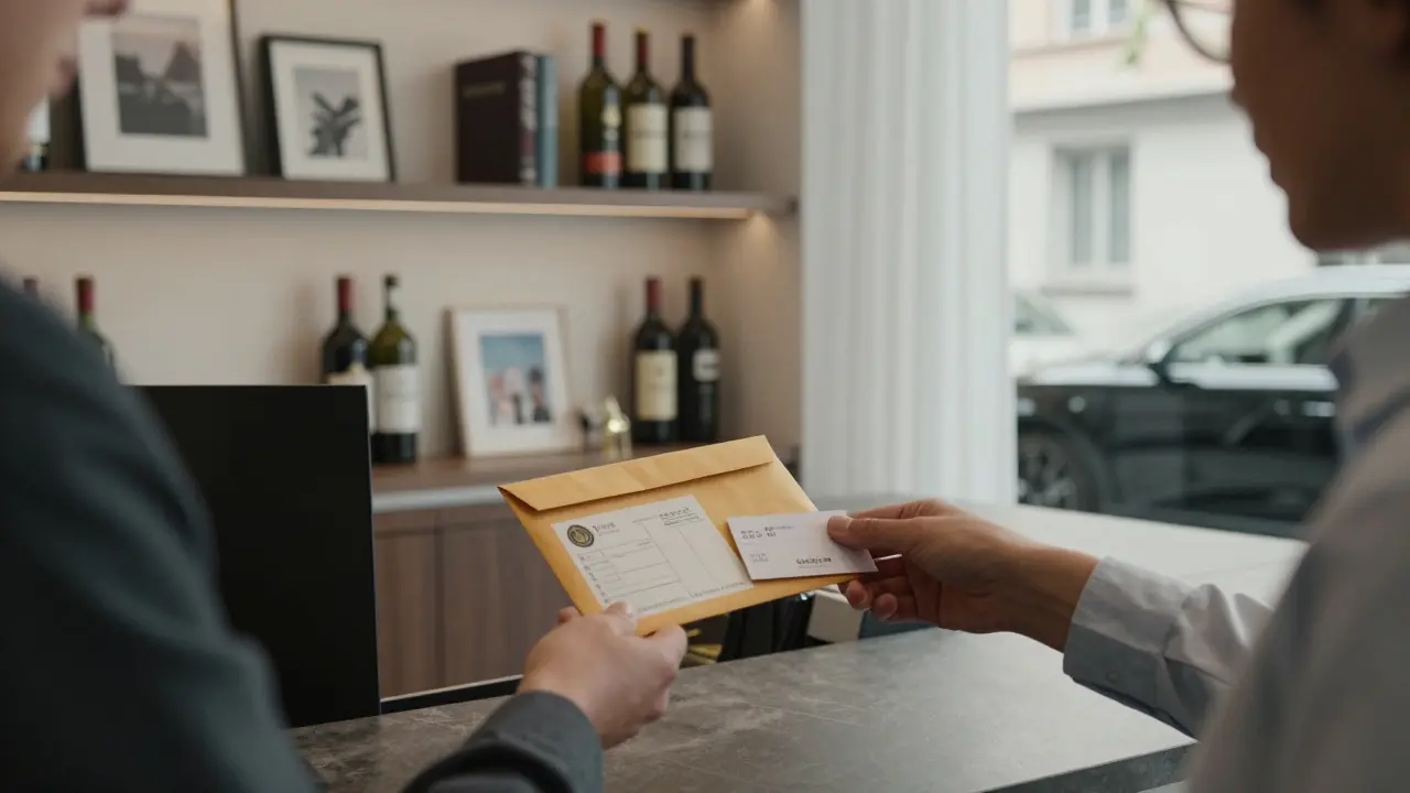 A discreet luxury escort agency office in La Condamine, with a receptionist handing a client an invoice.