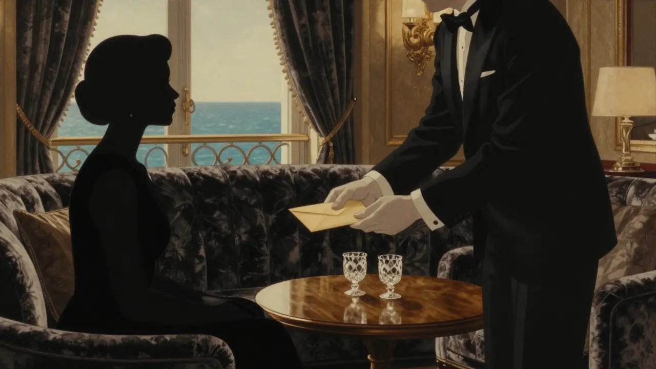 A discreet meeting in a luxury Monte Carlo lounge, with a concierge, client, and companion in shadowy elegance.