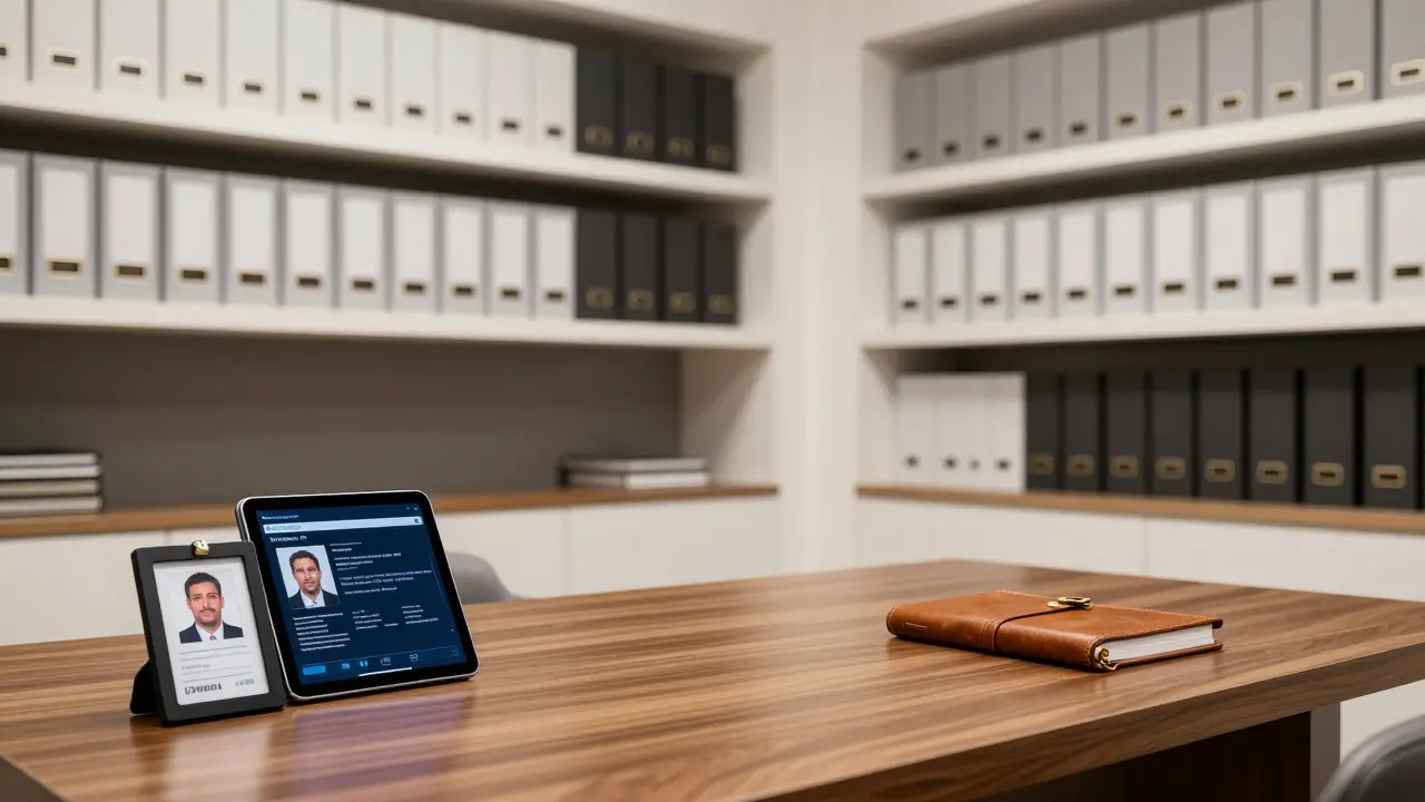 A discreet Monaco escort agency office with secure tablet, ID, and client logbook under soft lighting.