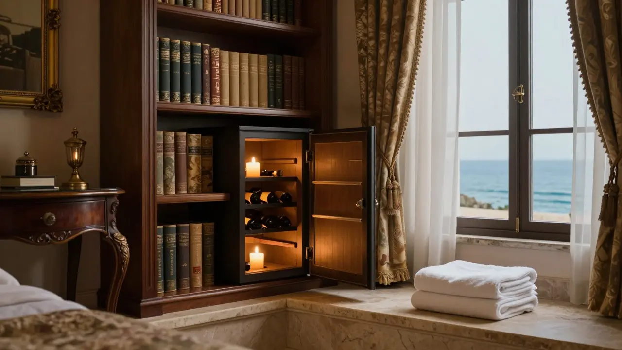 A hidden wine cabinet revealed behind a swinging bookshelf in a luxurious hotel room, lit by candlelight and surrounded by vintage details.