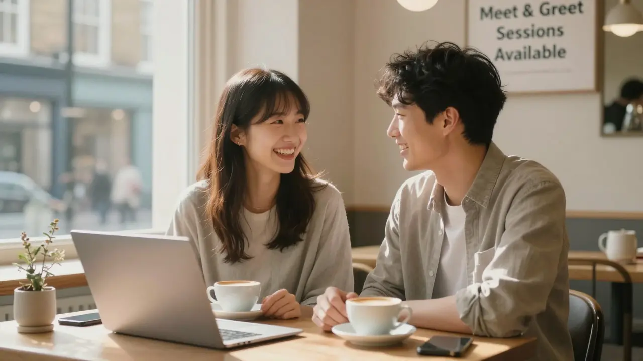 A man and woman sharing coffee at a London café, phones away, laughing in a genuine, low-pressure meet-up.