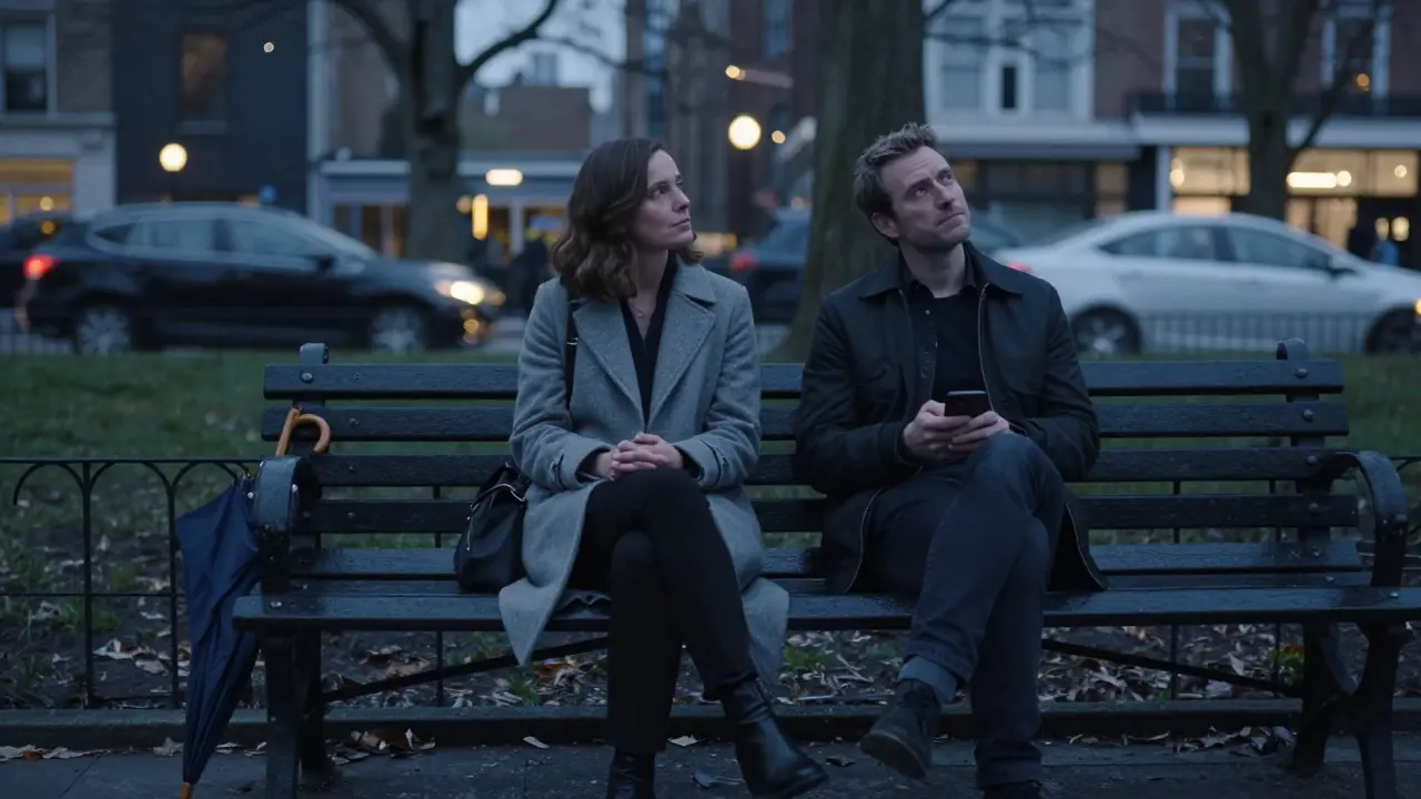 A man and woman sitting quietly together on a bench in a London park at dusk.