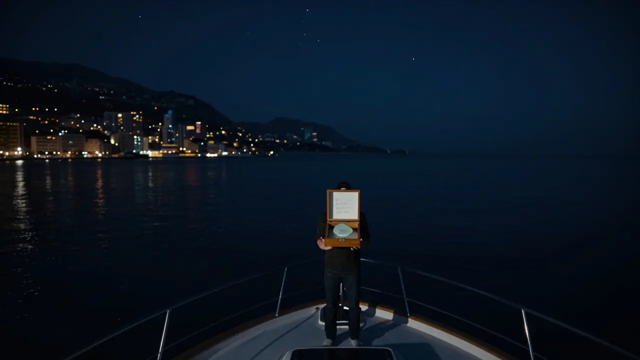 A person standing alone at the stern of a drifting yacht at midnight, holding a small box with sea glass, stars glowing above the dark sea.