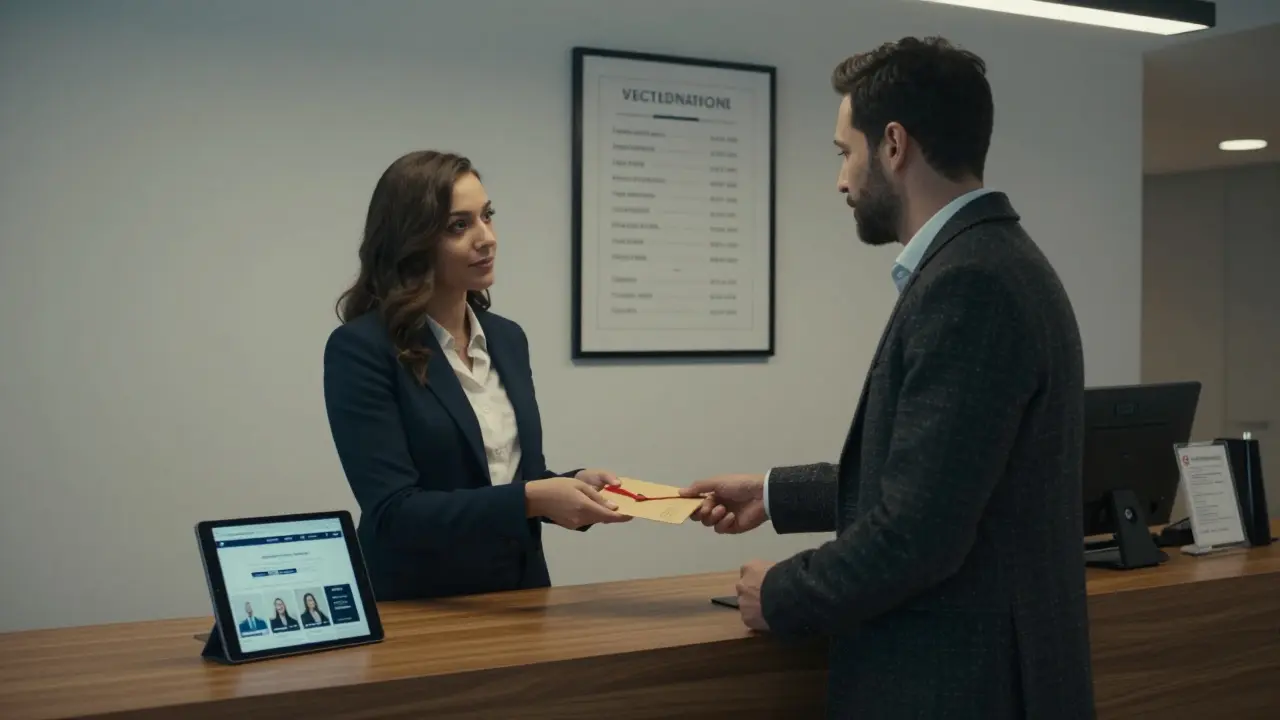 A professional escort agency office in Monaco with a discreet client handoff, emphasizing privacy and vetted services.