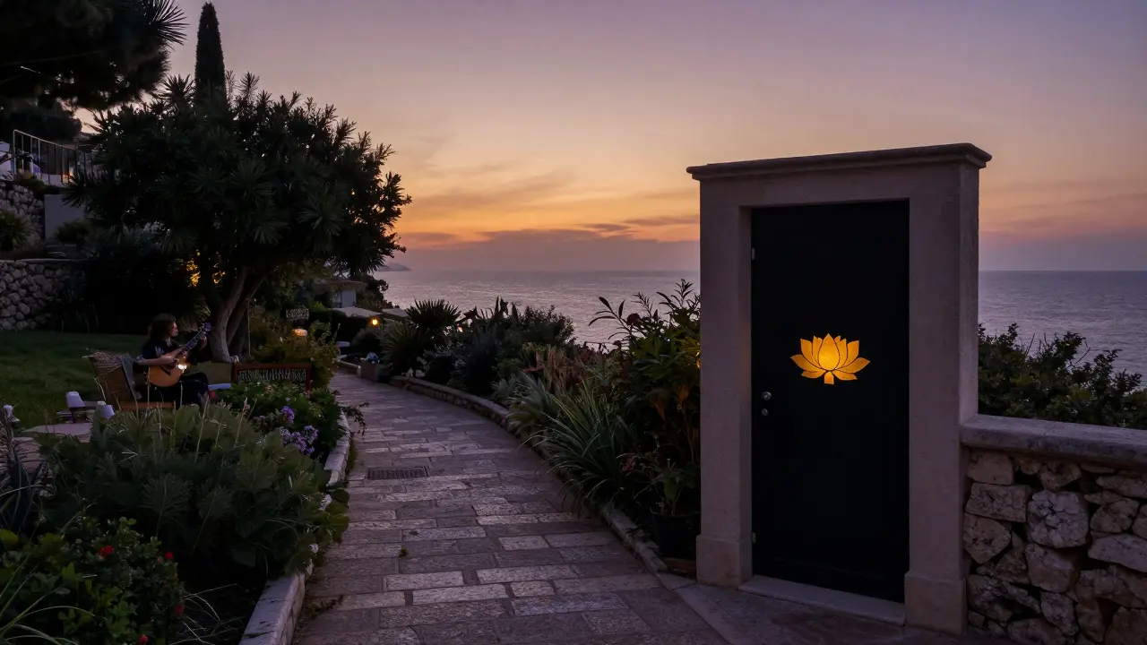 A quiet garden path leading to a black door with a gold lotus symbol at dusk in Monaco.